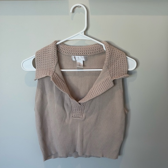Caroline Constas Womens Top Size Large Ribbed Knit Crochet Collar Sleeveless Tan - Picture 1 of 6